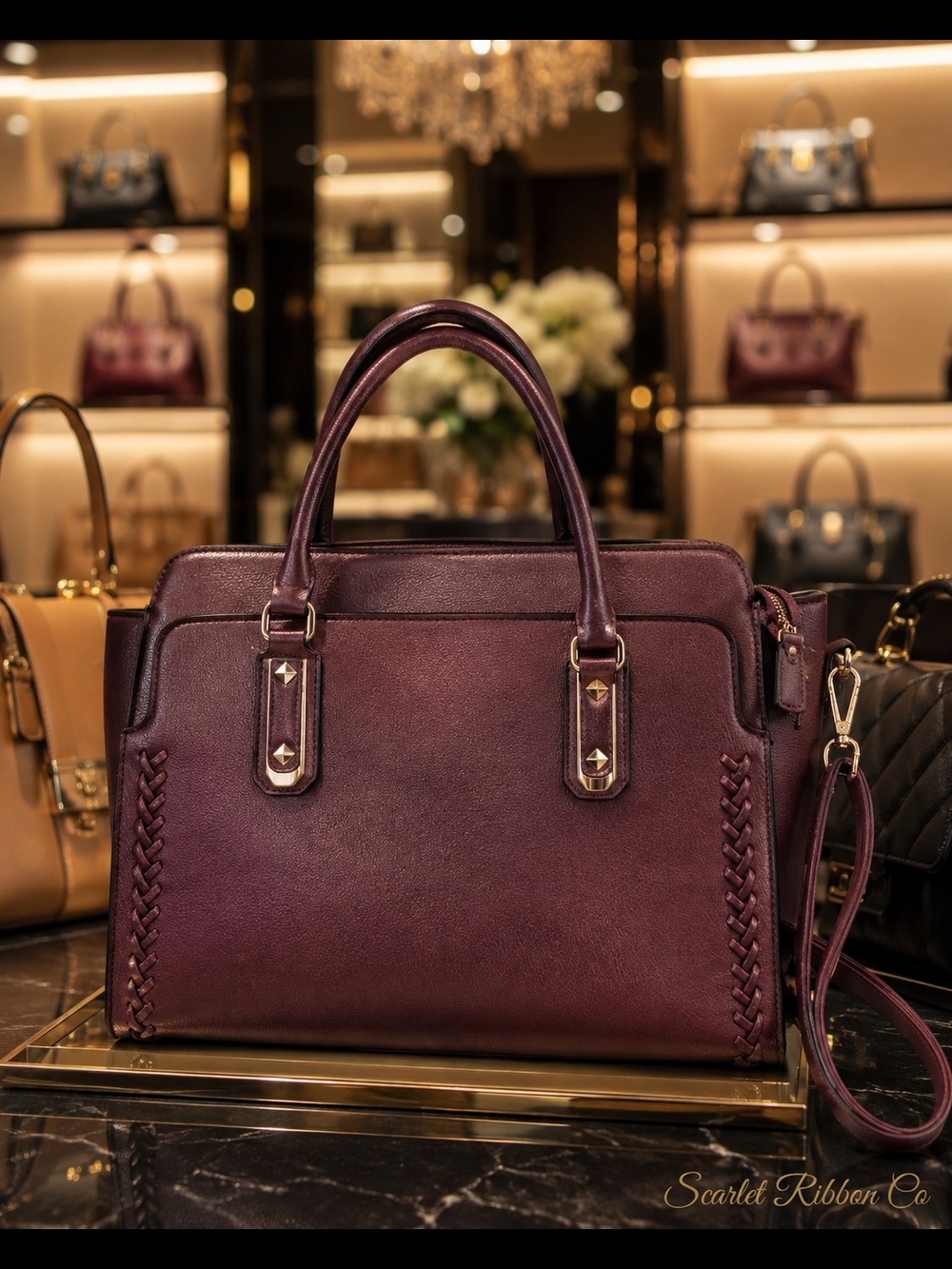 ​✨ Elegant Deep Plum Textured Faux Leather Structured Satchel